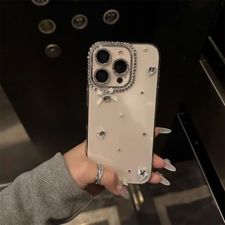CUTECASEハートダイヤ/ジュエリー iPhone16pro/16ケース リボン ハンドメイド iPhone15plus/14/13pro/12カバー 大人可愛いCM5244