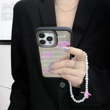 CUTECASEリボン柄 鏡iPhone15pro/15romaxカバー パールストラップ付 アイフォン14pro/13/12proケース 流行る 女子力高いCM4415