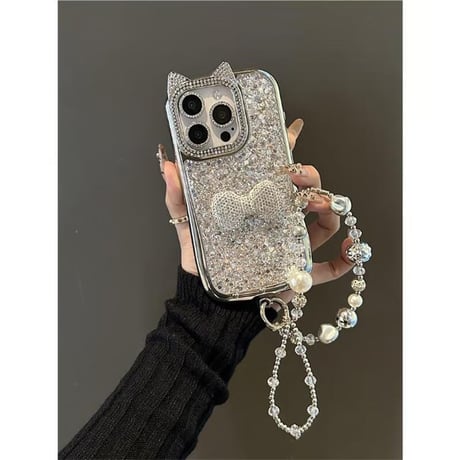 CUTECASEジュエリーリボン iPhone16/16Proケース 猫耳 キラキラグリッター アイフォン15プロ/14/13proカバー おしゃれストラップ 豪華 CM4827