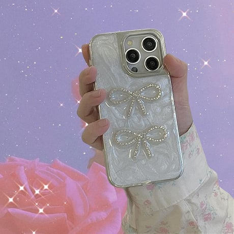 CUTECASE 流行の要素ジュエリーリボン iPhone16/15proケース ホワイト iPhone14/13proケース かわいい 女子力アップ 高級感CM4120