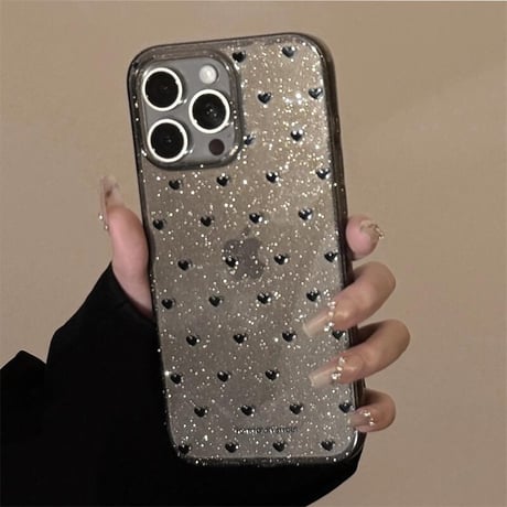 CUTECASE ブラックハート柄 iPhone16pro/16カバー キラキララメ iPhone15promax/14/13ケース 透明 シック おしゃれ CM5463