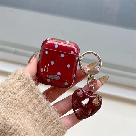 CUTECASEワインレッド Airpods 4ケース 水玉模様 ハートキーホルダー Airpodspro2/proカバー Airpods第3/2世代 かわいい 女子力高いCM5069