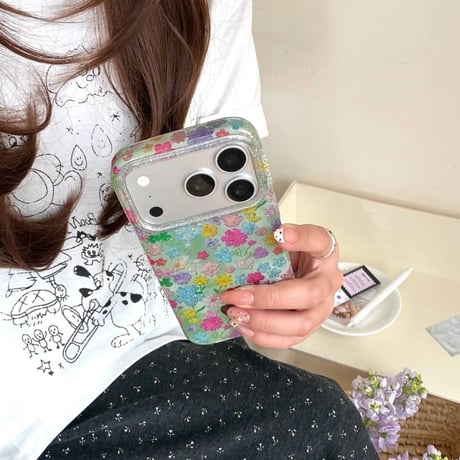 CUTECASE キラキラ花柄 iPhone17Pro/17ケース きれい iPhone17Promax/16Pro/15ケース かわいい 光沢感 春夏コーデCM6197