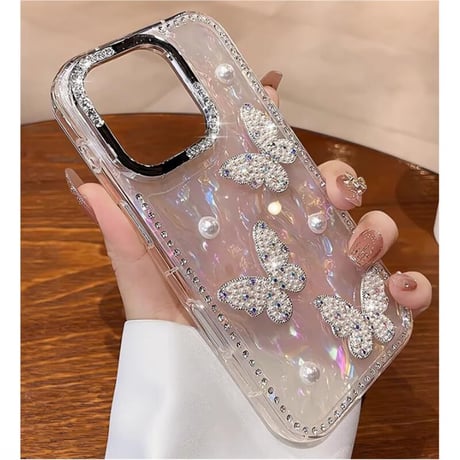 CUTECASE 高級感蝶々 iPhone16Pro/16ケース ジュエリー/パール iPhone15promax/14/13カバー シェル柄 キラキラ CM5488