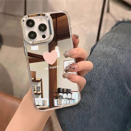 CUTECASEインスタ人気 鏡iPhone16pro/16plusケース be happyピンクハート柄 iPhone15promax/14/SEカバー 頑丈 メイク直しに便利CM5452