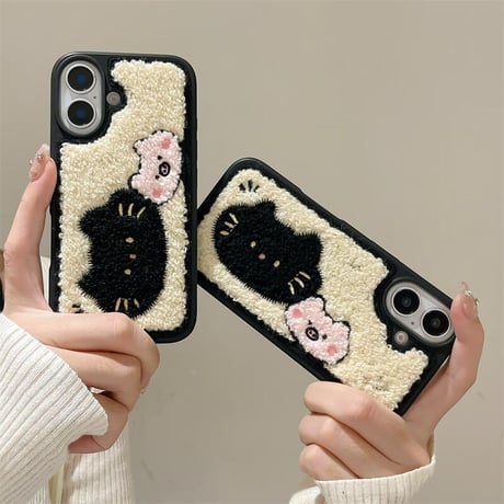 CUTECASE毛織物 iPhone16Pro/16ケース 刺繡 猫 iPhone15Pro/14Promax/13カバー 耐衝撃 頑丈 ギフトに最適 CM4811