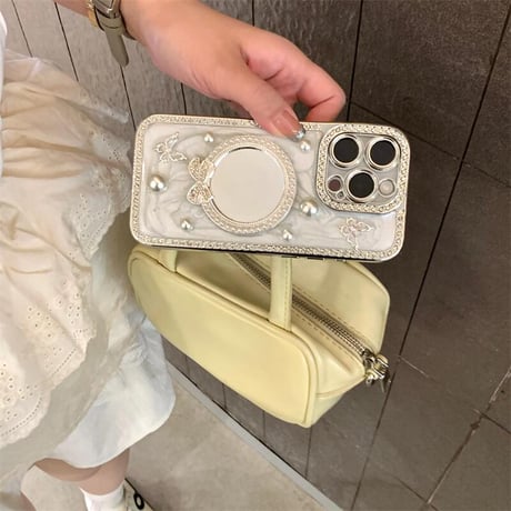 CUTECASE パールリボンミラー iPhone16/17proケース セレブ愛用エレガント iPhone15promax/14/13proカバー ジュエリーデコ ガールズファッション CM5636