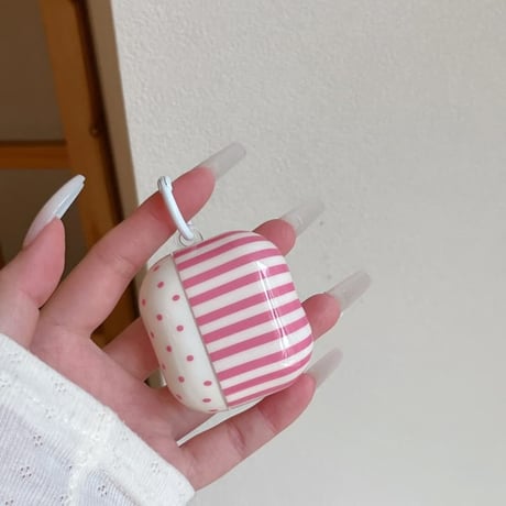 CUTECASE 韓国っぽ Airpods Pro3ケース ストライプ柄 Airpods4/3カバー pro2/Pro1ケース 可愛い リング/花キーホルダー 光沢感CM6162