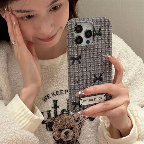 CUTECASE毛織物 リボン iPhone16Pro/16ケース 女子力アップ iPhone15Pro/14/13Proカバー 秋冬に流行る おしゃれ CM4761