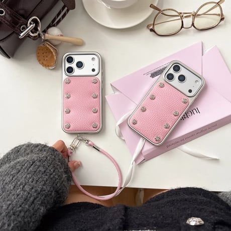 CUTECASE 金属ツバキ花 iPhone17/17proケース 高級感 レザー iPhone17promax/16/15Proカバー ストラップ 秋冬ファッションCM5802