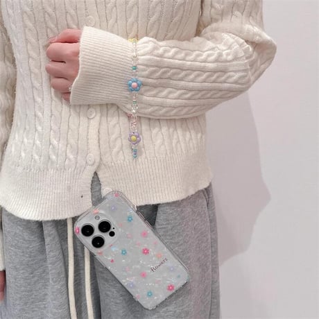 CUTECASE春におすすめ iPhone16pro/16ケース 花柄 シェル風 iphone15pro/14/13proカバー 花ストラップ 可愛い 淡色系CM5130