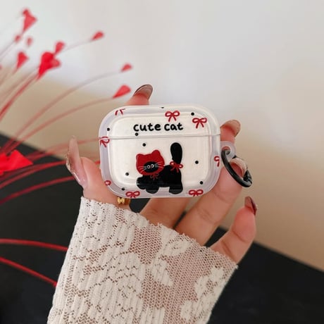 CUTECASE cute cat AirpodsPro3ケース リボン柄 エアポッズ4/3 AirpodsPro2/Proカバー リング/猫キーホルダー ギフトにおすすめ CM6015