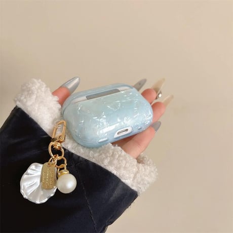 CUTECASEシェル柄 Airpods第四世代ケース 水色 貝殻キーホルダー Airpodspro2/proカバー Airpods第3/2世代 かわいい 女子力高いCM5086