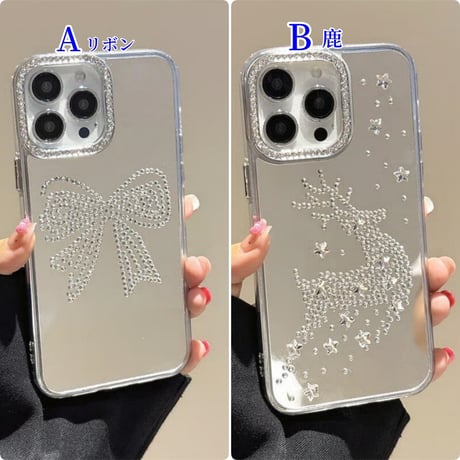 CUTECASEダイヤリボン/鹿 ミラーiPhone16/16proケース パールジュエリーストラップ付 iPhone15promax/14/13カバー おしゃれ CM5450