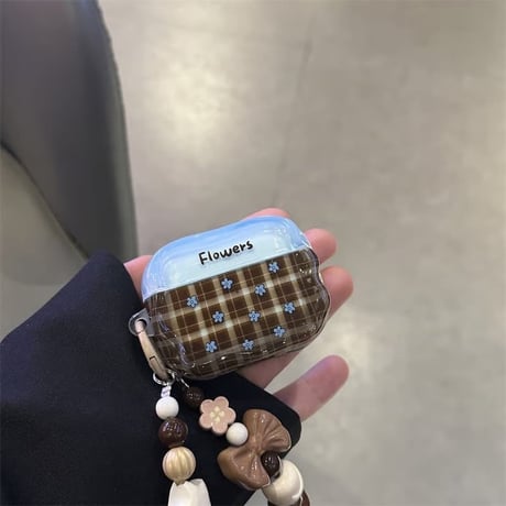 CUTECASE 韓国っぽい Airpods Pro3ケース 花柄 熊ストラップ付 Airpods4/3ケース AirpodsPro2/Pro1カバー チェック柄 ギフトにおすすめ CM5838