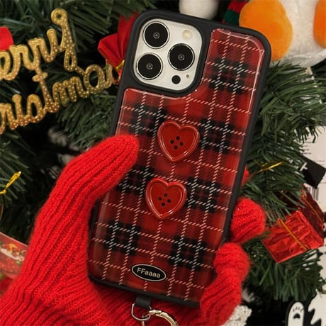 CUTECASEハートボタン iPhone16/16Proケース チェック柄 ストラップ アイフォン15プロ/14/13proカバー 可愛い レッド トレンドファッション CM4982