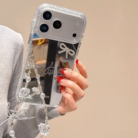 CUTECASE 犬ちゃんミラー iPhone17Promaxケース ジュエリーリボンデコ iPhone17Pro/16proケース 可愛いストラップ 女子力高いCM6087