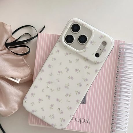 CUTECASE ハートミラーリングスタンド iPhone17Promaxケース MagSafe対応 iPhone16Pro/15/14ケース ダイヤデコパープル花柄 甘めコーデ CM6471