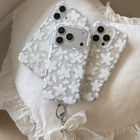 CUTECASE 韓国っぽ iPhone17pro/17ケース 白花 レースリボンキーホルダー iPhone16/15proケース 可愛い 女子力高いCM6153
