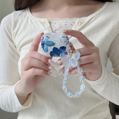 CUTECASE シェル風花柄 Airpods Pro3ケース 蝶ストラップ Airpods 4/3カバーケース AirpodsPro2/1 おしゃれ高級感 CM6369