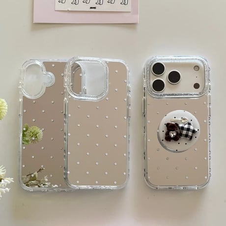 CUTECASE水玉模様ミラー iPhone17pro/17ケース 熊グリップ iPhone16/15promax/14ケース かわいい 多機能便利CM6352