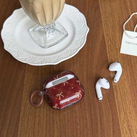 CUTECASE ワインレッド AirPodsPro3ケース リボン柄 ひし形 Airpods4/3ケース AirpodsPro2/Pro1カバー リング付 可愛い 定番アイテムCM5985