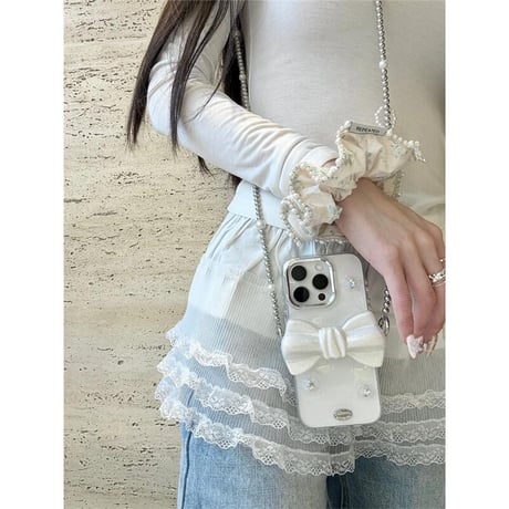 CUTECASEファッションデザインリボンショルダーチェーン iPhone16pro/16ケース ハートダイヤ iPhone15/14pro/13promaxカバー 女子 CM5189