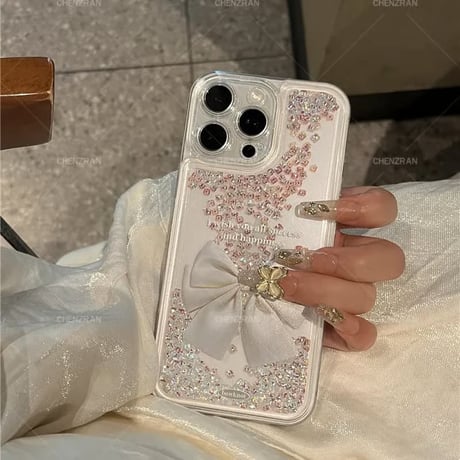 CUTECASE 動くダイヤ入り iPhone17Promaxケース リボン柄 アイフォン16/15promax/14/13/12/11カバー 女子力高い ギフトにおすすめCM5772