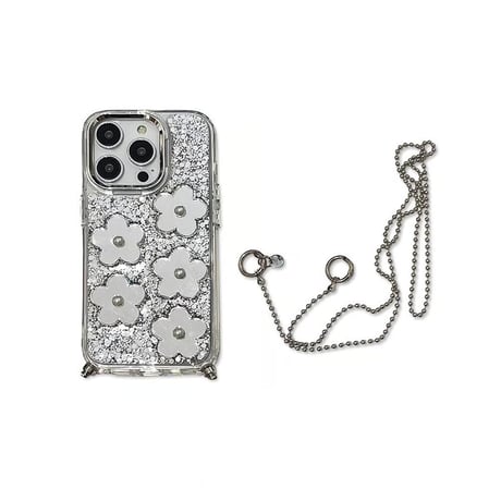 CUTECASE鏡付花 iphone15/15proケース ショルダーチェーン付 アイフォン13/14pro/12カバー キラキラグリッター 可愛いCM4459