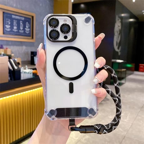 CUTECASEストラップ付 iPhone16pro/17ケース Magsafe充電 スタンド付 iphone15pro/14pro/13カバー 透明 耐衝撃 CM5449