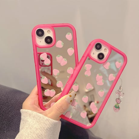 CUTECASE イチゴ ミラーiPhone15/15proケース ストラップ付 iPhone14/13pro/12ケース レンズフイルム付 丈夫CM4060