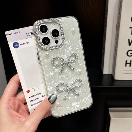 CUTECASE リボン/パールデコ iPhone16pro/17ケース ジュエリーカメラ枠 iPhone15/14promax/13 シェル調/ラメ星CM5646