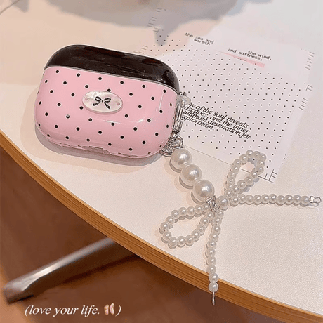 CUTECASEAirpods 4ケース 水玉模様 パールリボンキーチェーン Airpods3/Pro2ケース airpodspro2カバー ピンク 女子力高い 大人可愛いCM5215