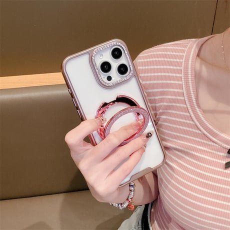 CUTECASEキラキラリングスタンド iPhone17Pro/16カバー ジュエリーデコ iPhone15promax/14proカバー メタルカラー 黄ばまないCM5571