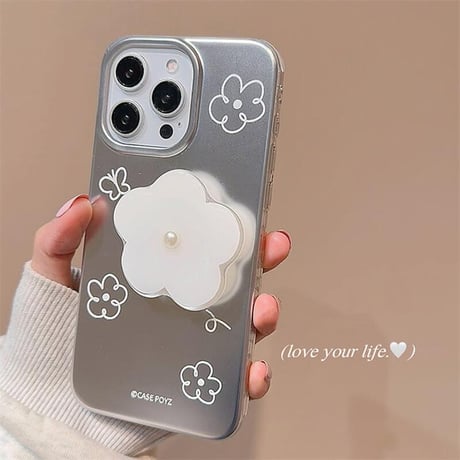CUTECASE花グリップ iPhone17Pro/16Proケース ストラップ付 iPhone15promax/14/13カバー 高級感 シルバー CM5566