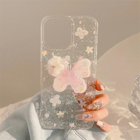 CUTECASE 蝶グリップ iPhone16pro/16ケース グリッター入り iPhone15promax/14pro/13/12カバー スタンド付 人気アイテムCM5270