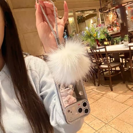 CUTECASE 花デコミラー iPhone17pro/17ケース ジュエリーライン iPhone16promax/15proケース 毛玉ストラップ 女子力高いCM6017