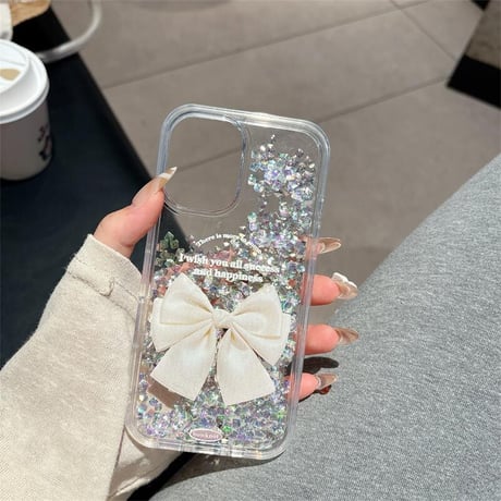 CUTECASE 動くダイヤ iPhone16pro/17ケース リボン柄 透明iPhone15pro/14/13カバー オシャレ キラキラ 可愛い CM5557