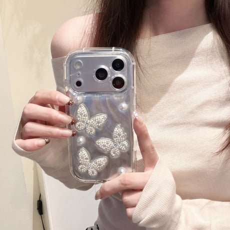 CUTECASE パール蝶々デコ iphone17Pro/17ケース キラキラ光る アイフォン17promax/16/15proカバー おしゃれさんにおすすめCM5811