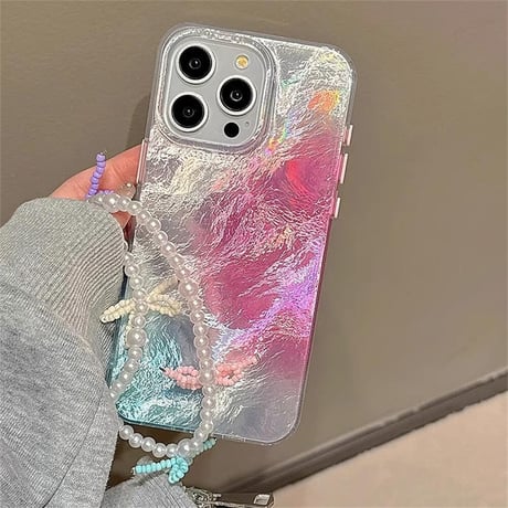 CUTECASE ぼかしカラー iPhone15/15proケース パールストラップ付 アイフォン14pro/13promax/12ケース 可愛い キラキラCM4467