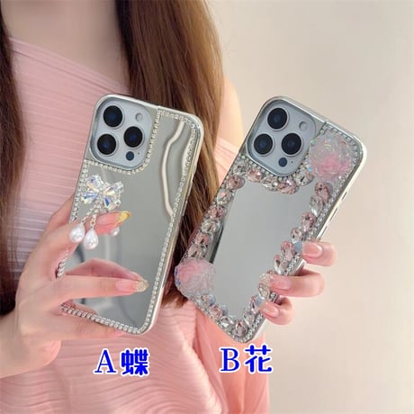 CUTECASEミラー iPhone16e/16proケース 蝶/花デコ ダイヤ/パール iPhone15promax/14/13カバー おしゃれ シック 女子力高い CM5281