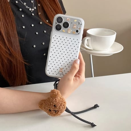 CUTECASE 熊ぬいぐるみキーホルダー iPhone17Pro/17ケース 水玉模様 iPhone16Pro/15ケース 2層構造 耐衝撃CM6397