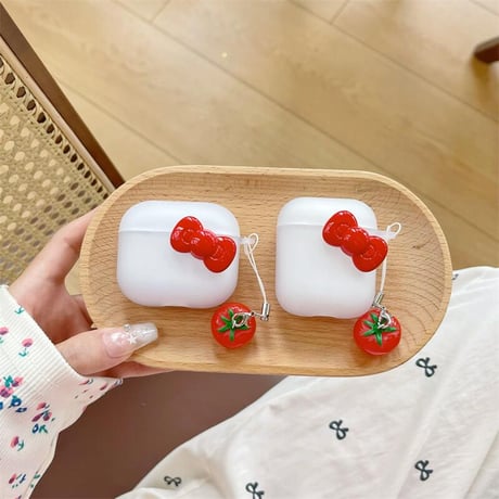 CUTECASEリボン エアーポッズ 4ケース トマトキーチェーン Airpods3/Pro2ケース airpodsproカバー 指紋防止 マット CM5143
