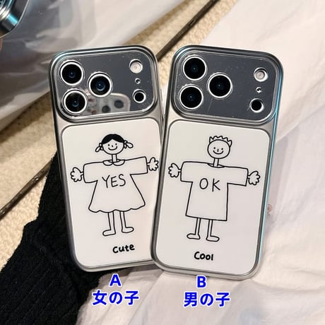 CUTECASE カップルペア iPhone17pro/17ケース 男の子/女の子 iPhone16/15pro/14ケース 鏡付カメラカバー メッキCM6047