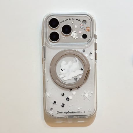 CUTECASE 雪で遊ぶ猫と犬 iPhone17Pro/17ケース 360度回転MagSafeリング iPhone17ProMax/16Pro/15ケース 丈夫 スタンド付CM6003
