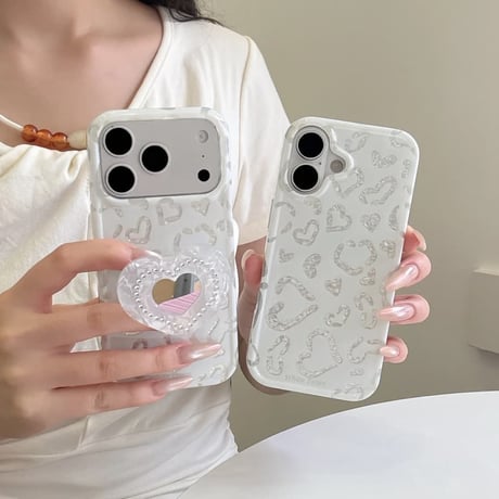 CUTECASEハート型ミラーグリップ iPhone17Promaxケース ホワイト ハート柄 iPhone16Pro/15promaxケース かわいい 多機能便利CM6526
