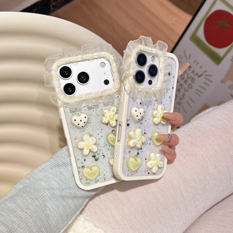 CUTECASE レースiPhone17Promaxケース 花/ハートデコ キラキラ感 iPhone16Pro/15/14ProMaxカバー 可愛い 女子ファッション CM6200