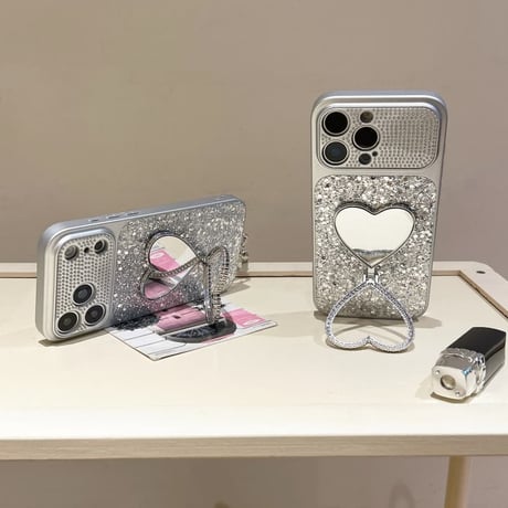 CUTECASE オシャレ便利 iPhone17pro/17ケース ハート型スタンド キラキラ感 iPhone16promax/15proケース ジュエリーストラップ ダイヤカメラカバーCM6243