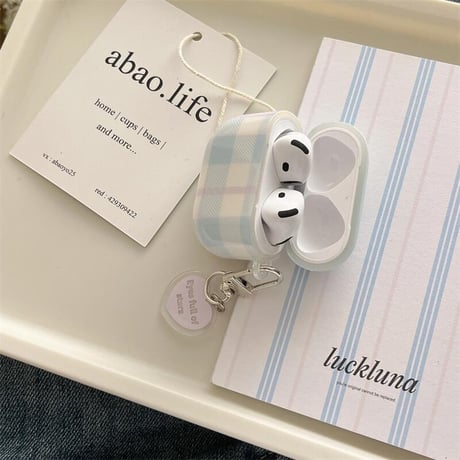 CUTECASE淡色系 Airpods4ケース チェック柄 韓国風 Airpods3/Pro2ケース airpodspro2カバー キーチェーン付 ギフトにおすすめCM5374