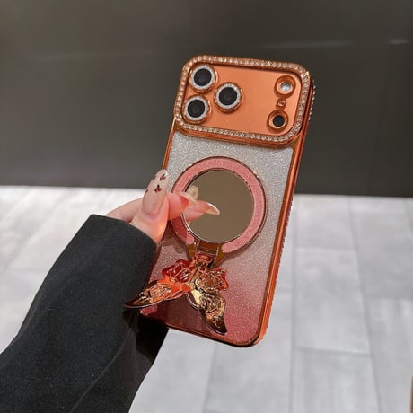 CUTECASE 鏡付蝶スタンド iPhone17Pro/17ケース メタリックカラー iPhone16/15ProMax/14ケース ラグジュアリー感 キラキラライン 大人気 レンズ保護CM6240